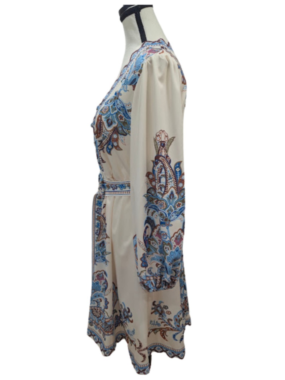 Paisley Belted Fit & Flare Dress Blue Ivory Boho Long Sleeve Size M - Picture 5 of 12